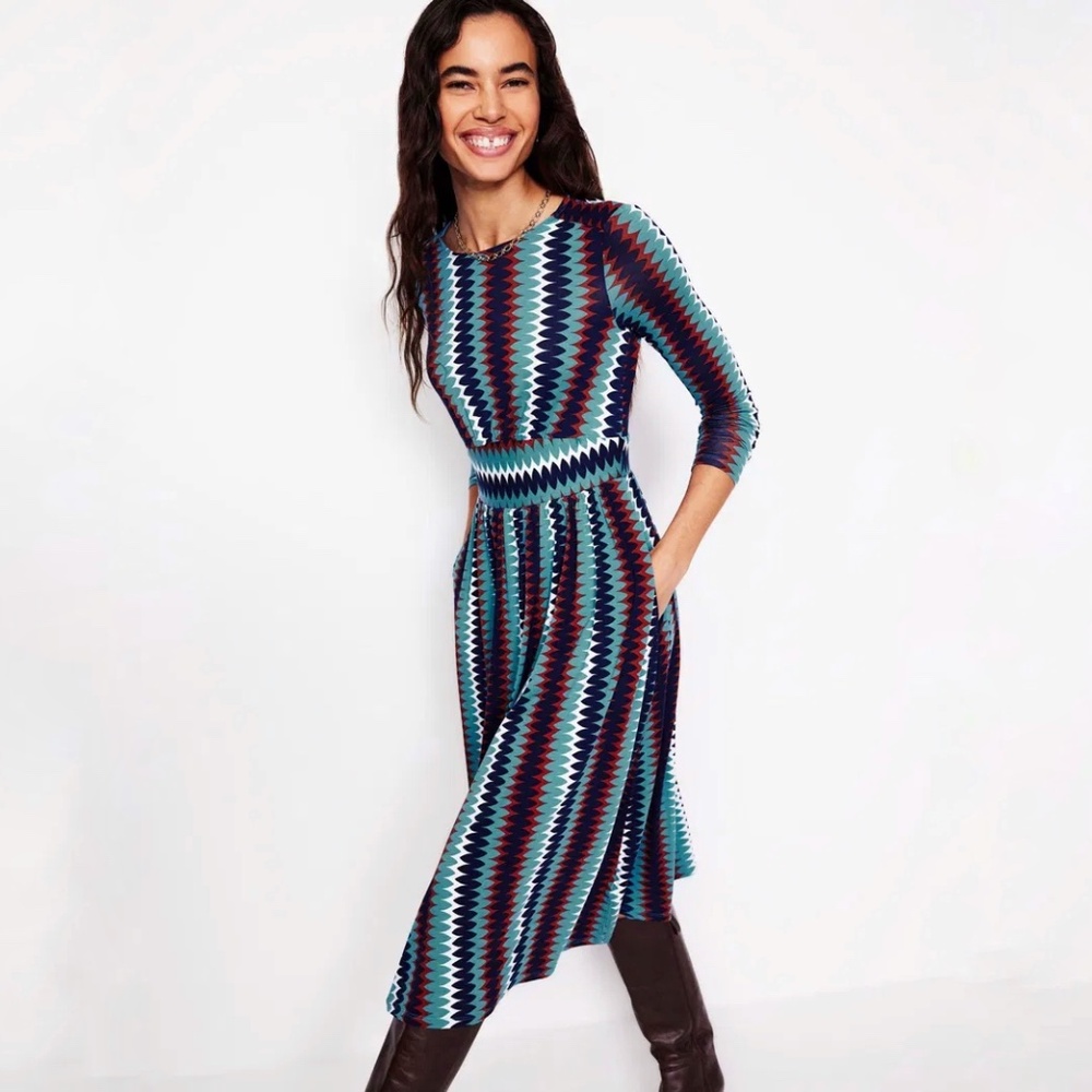 Boden 'Thea' Stripe Long Sleeve Dress in Multicolor Zig Zag Size 16-18 Long
